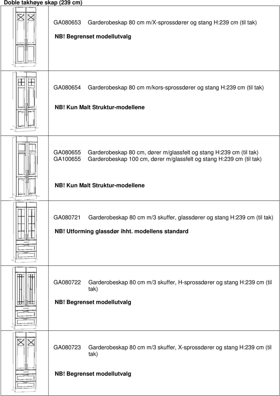 Garderobeskap 100 cm, dører m/glassfelt og stang H:239 cm (til tak) GA080721 Garderobeskap 80 cm m/3 skuffer, glassdører og stang H:239 cm (til