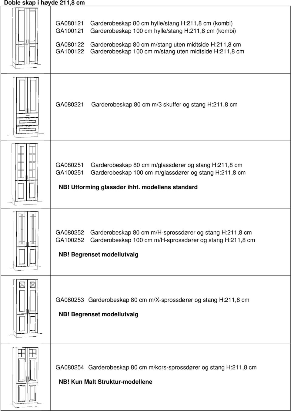 Garderobeskap 80 cm m/glassdører og stang H:211,8 cm Garderobeskap 100 cm m/glassdører og stang H:211,8 cm GA080252 GA100252 Garderobeskap 80 cm m/h-sprossdører og stang H:211,8 cm