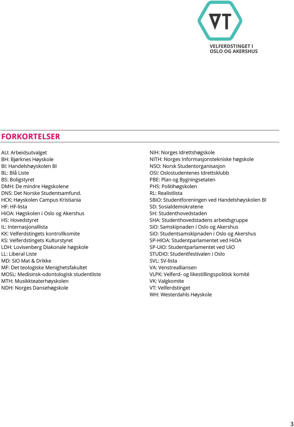 Lovisenberg Diakonale høgskole LL: Liberal Liste MD: SiO Mat & Drikke MF: Det teologiske Menighetsfakultet MOSL: Medisinsk-odontologisk studentliste MTH: Musikkteaterhøyskolen NDH: Norges