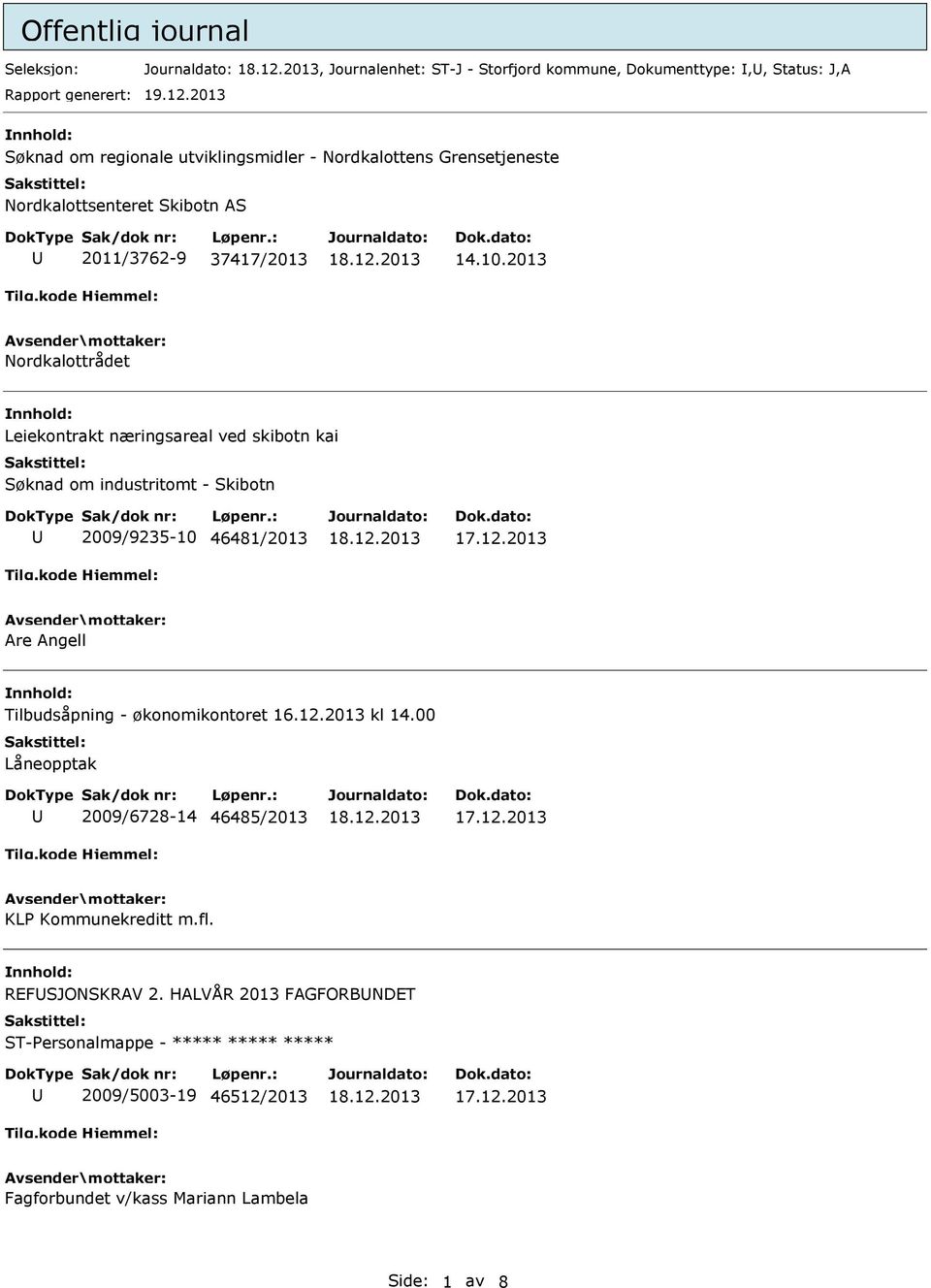 2013 Nordkalottrådet Leiekontrakt næringsareal ved skibotn kai Søknad om industritomt - Skibotn 2009/9235-10 46481/2013 Are Angell Tilbudsåpning -