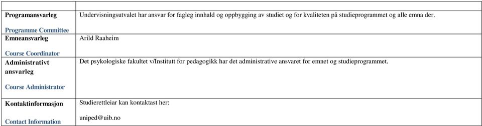 Arild Raaheim Det psykologiske fakultet v/institutt for pedagogikk har det administrative ansvaret for emnet og