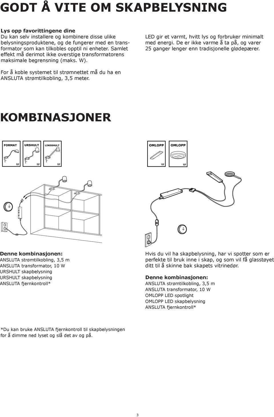 De er ikke varme å ta på, og varer 25 ganger lenger enn tradisjonelle glødepærer. For å koble systemet til strømnettet må du ha en ANSLUTA strømtilkobling, 3,5 meter.