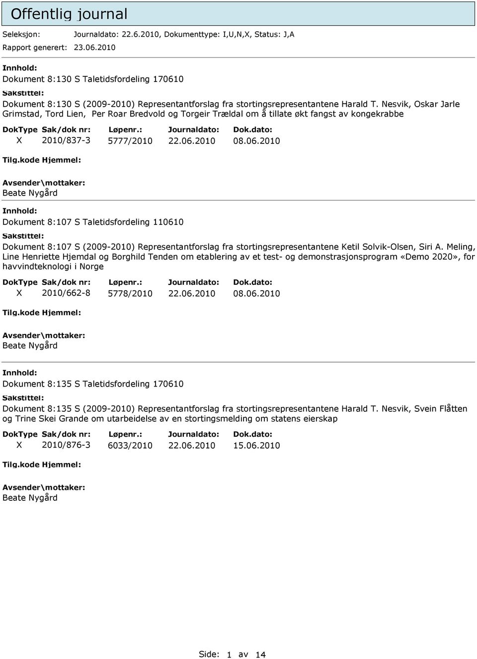 esvik, Oskar Jarle Grimstad, Tord Lien, Per Roar Bredvold og Torgeir Trældal om å tillate økt fangst av kongekrabbe 2010/837-3 5777/2010 08.06.