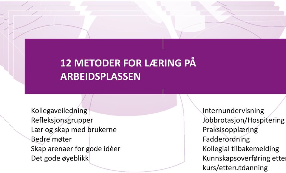 Fadderordning Kollegial tilbakemelding Kunnskapsoverføring etter kurs/etterutdanning Skap Gruppearbeid arenaer for gode idèer