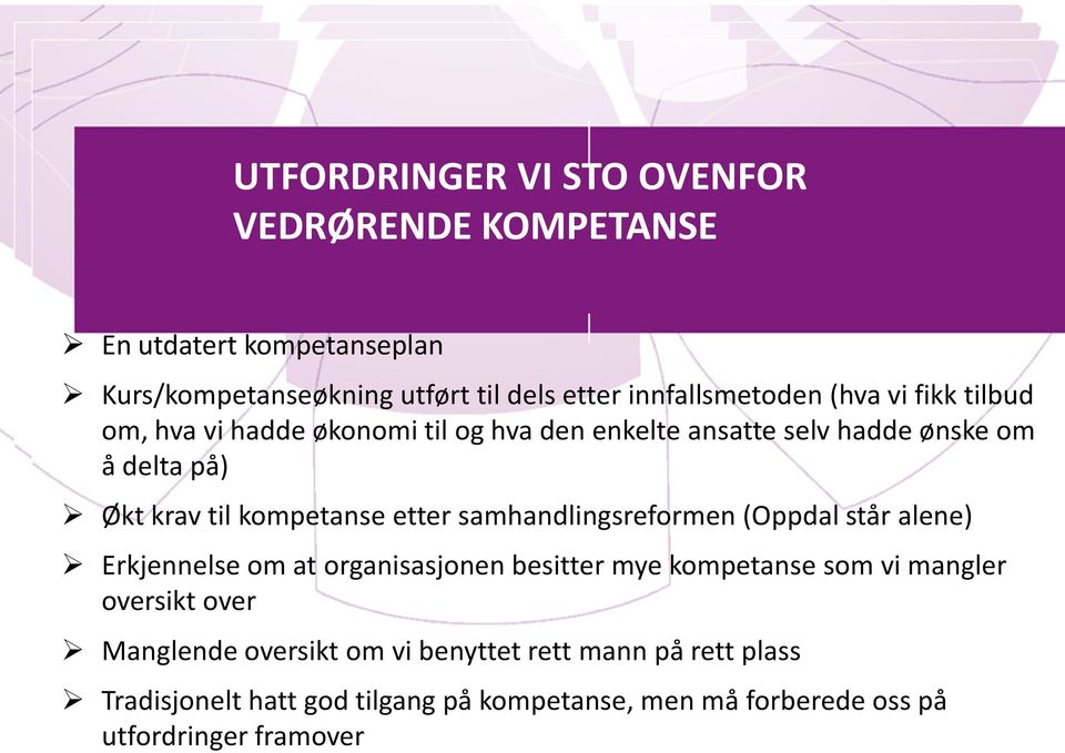 samhandlingsreformen (Oppdal står alene) Erkjennelse om at organisasjonen besitter mye kompetanse som vi mangler oversikt over Manglende