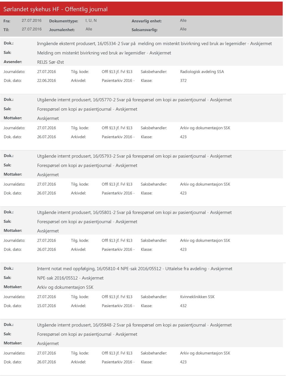2016 Arkivdel: Pasientarkiv 2016 Klasse: 372 Utgående internt produsert, 16/057702 Svar på forespørsel om kopi av pasientjournal Forespørsel om kopi av pasientjournal Dok. dato: 26.07.
