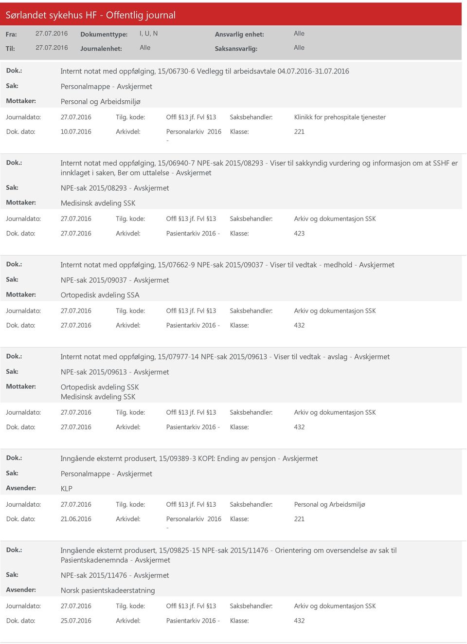 2016 Personalmappe Klinikk for prehospitale tjenester Dok. dato: 10.07.