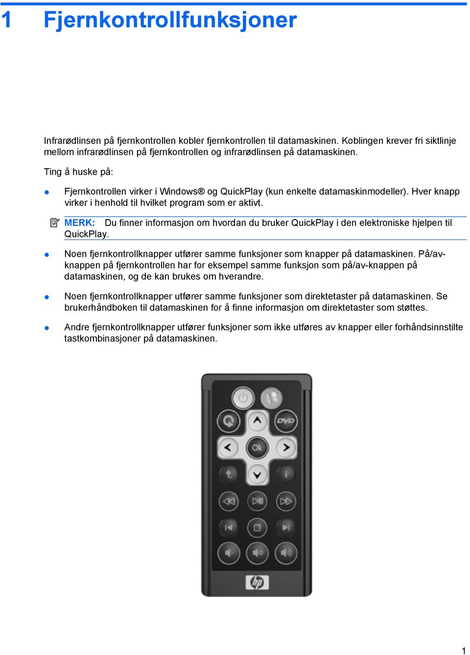 Ting å huske på: Fjernkontrollen virker i Windows og QuickPlay (kun enkelte datamaskinmodeller). Hver knapp virker i henhold til hvilket program som er aktivt.