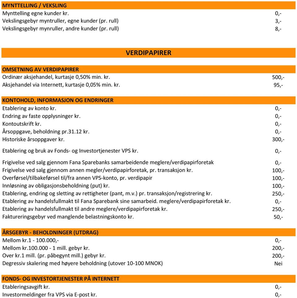 Frigivelse ved salg gjennom Fana Sparebanks samarbeidende meglere/verdipapirforetak Frigivelse ved salg gjennom annen megler/verdipapirforetak, pr. transaksjon kr.