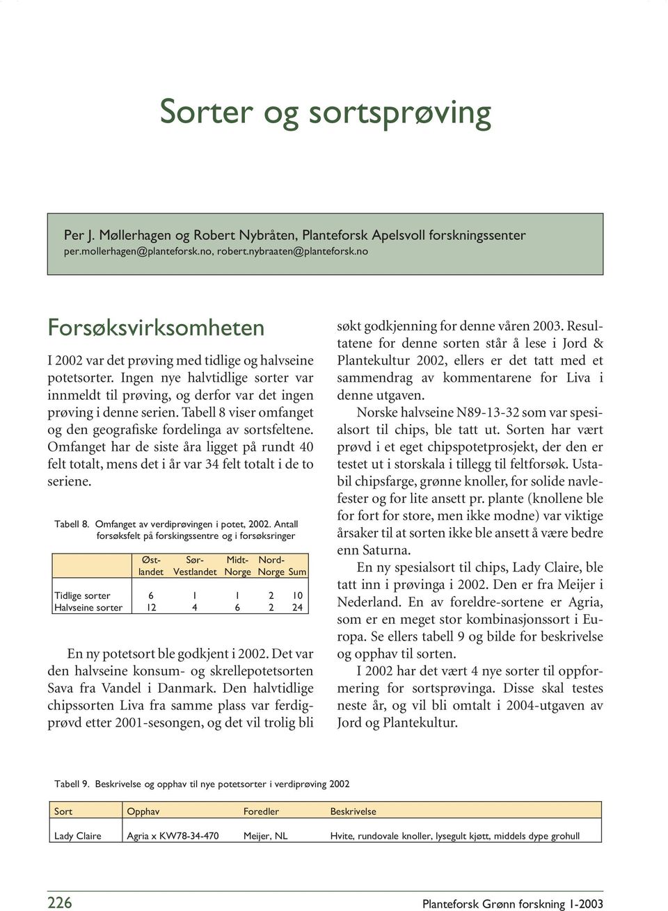 Tabell viser omfanget og den geografiske fordelinga av sortsfeltene. Omfanget har de siste åra ligget på rundt felt totalt, mens det i år var felt totalt i de to seriene. Tabell.