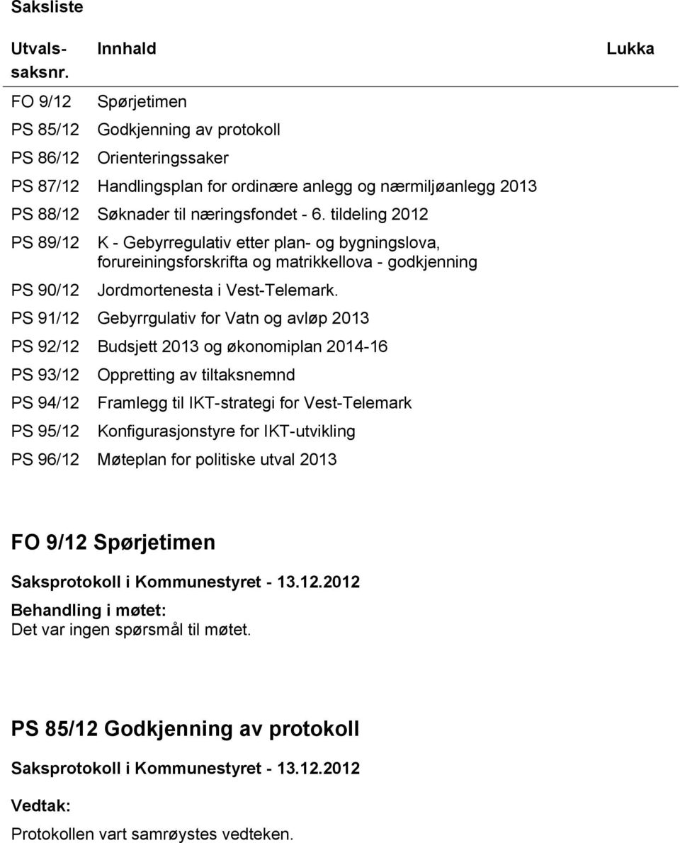 tildeling 2012 PS 89/12 PS 90/12 K - Gebyrregulativ etter plan- og bygningslova, forureiningsforskrifta og matrikkellova - godkjenning Jordmortenesta i Vest-Telemark.