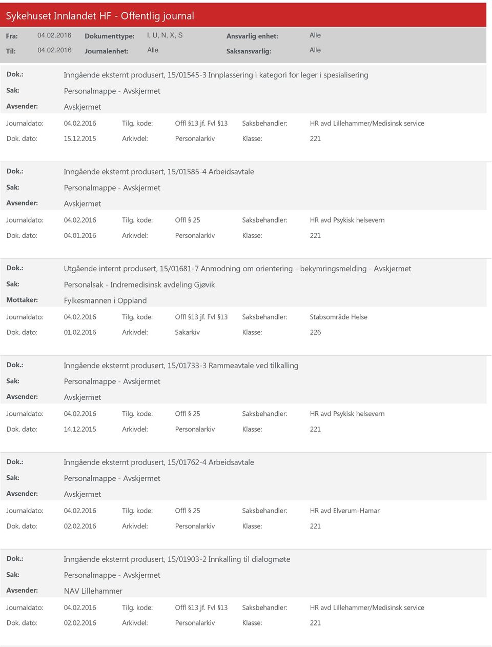 orientering - bekymringsmelding - Personalsak - Indremedisinsk avdeling Gjøvik Fylkesmannen i Oppland Stabsområde Helse Dok. dato: 01.02.