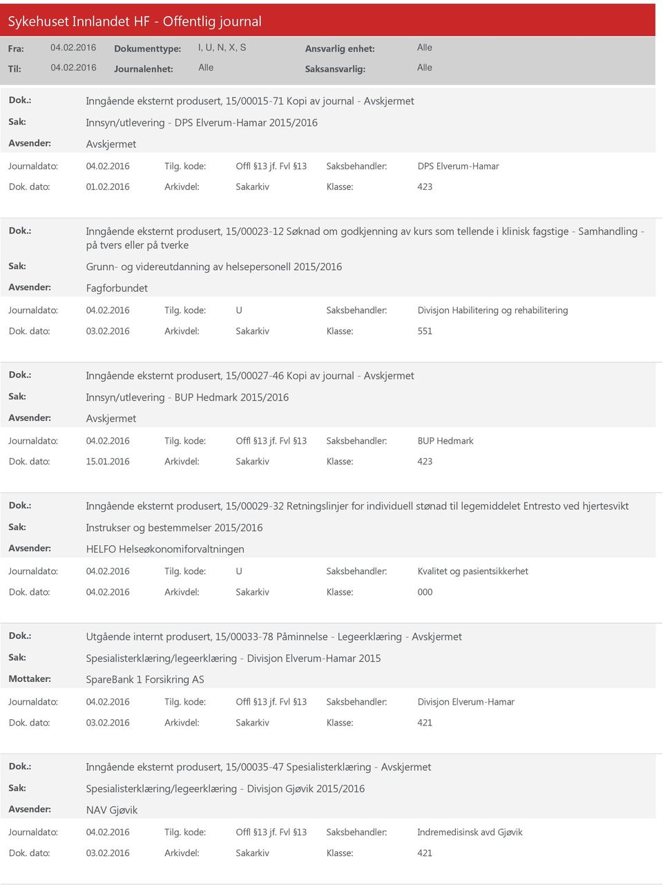 av helsepersonell 2015/2016 Fagforbundet Divisjon Habilitering og rehabilitering 551 Inngående eksternt produsert, 15/00027-46 Kopi av journal - Innsyn/utlevering - BP Hedmark 2015/2016 BP Hedmark