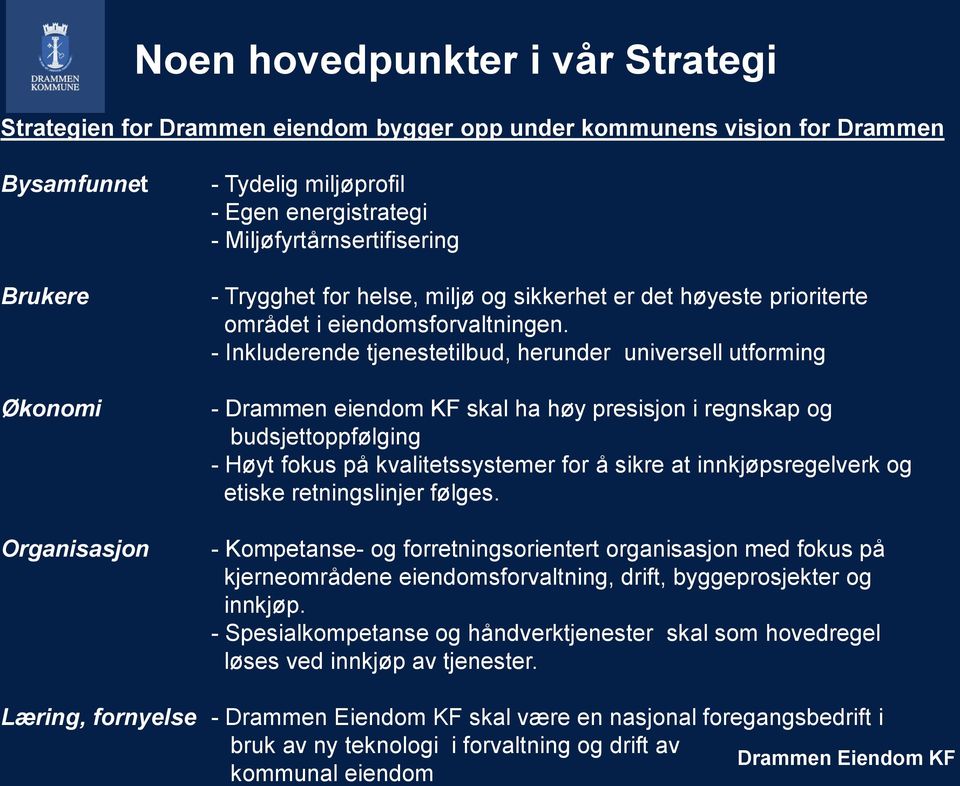 - Inkluderende tjenestetilbud, herunder universell utforming - Drammen eiendom KF skal ha høy presisjon i regnskap og budsjettoppfølging - Høyt fokus på kvalitetssystemer for å sikre at