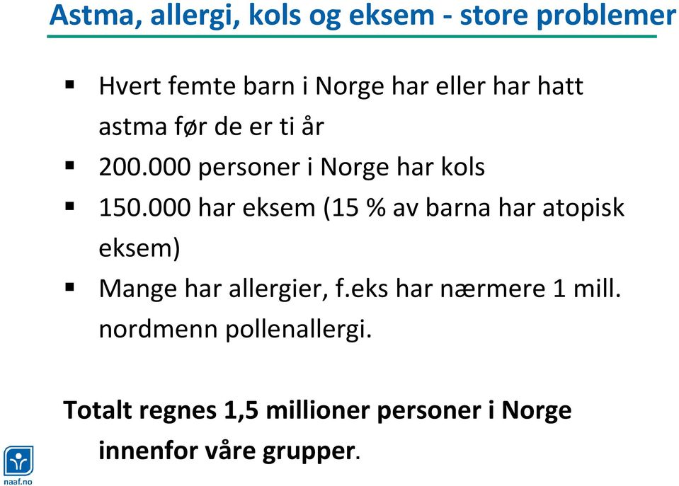 000 har eksem (15% av barna har atopisk eksem) Mange har allergier, f.