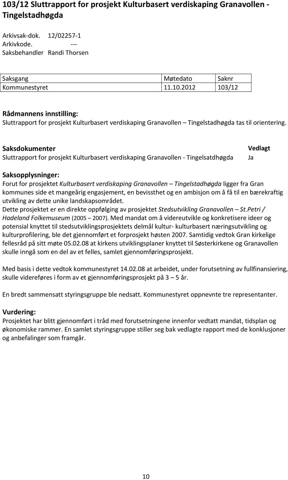 ligger fra Gran kommunes side et mangeårig engasjement, en bevissthet og en ambisjon om å få til en bærekraftig utvikling av dette unike landskapsområdet.