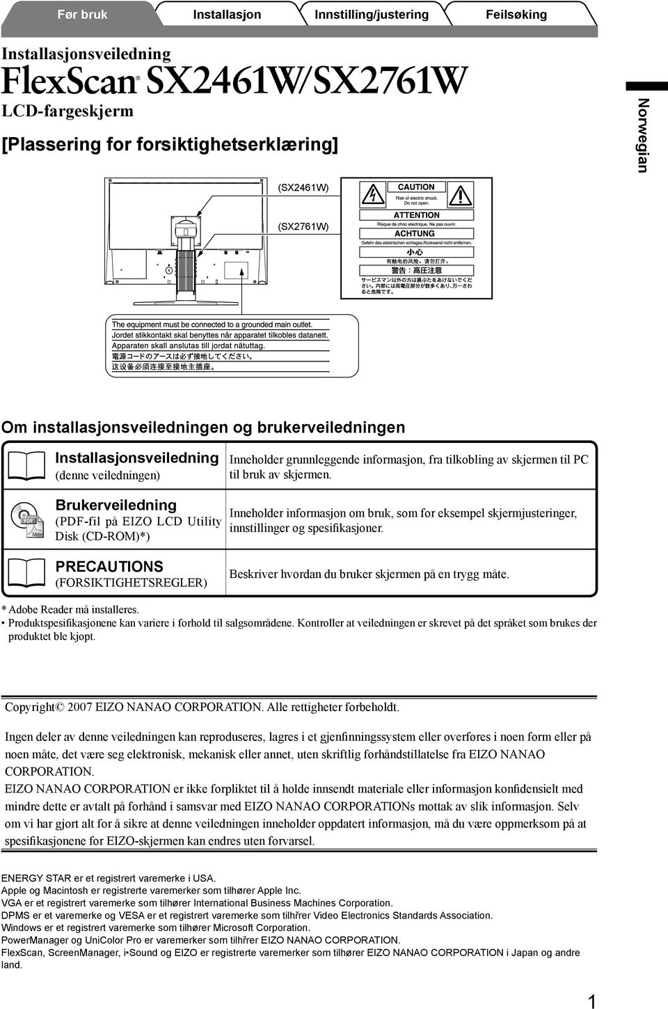 Brukerveiledning (PDF-fil på EIZO LCD Utility Disk (CD-ROM)*) Inneholder informasjon om bruk, som for eksempel skjermjusteringer, innstillinger og spesifikasjoner.