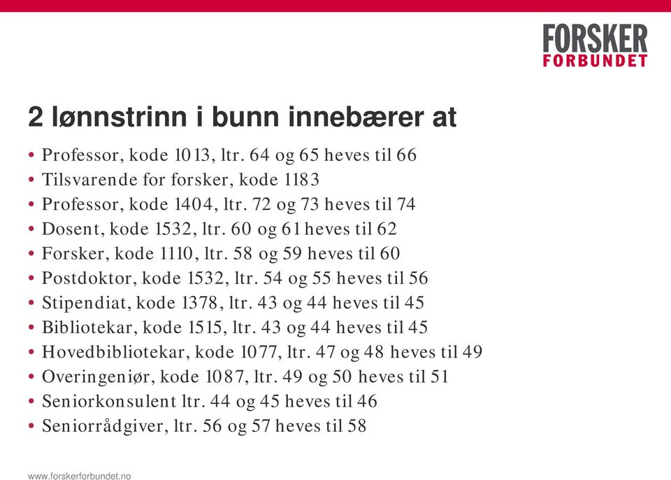 54 og 55 heves til 56 Stipendiat, kode 1378, ltr. 43 og 44 heves til 45 Bibliotekar, kode 1515, ltr.