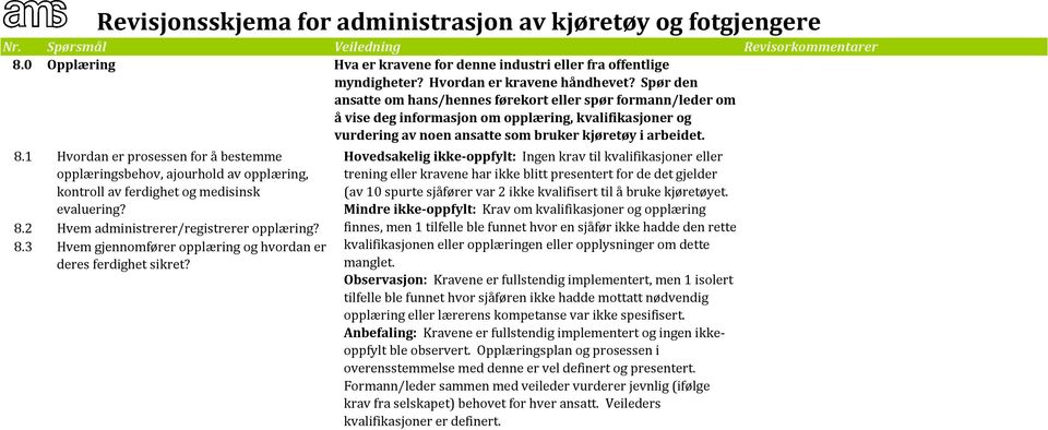 1 Hvordan er prosessen for å bestemme opplæringsbehov, ajourhold av opplæring, kontroll av ferdighet og medisinsk evaluering? 8.2 Hvem administrerer/registrerer opplæring? 8.3 Hvem gjennomfører opplæring og hvordan er deres ferdighet sikret?