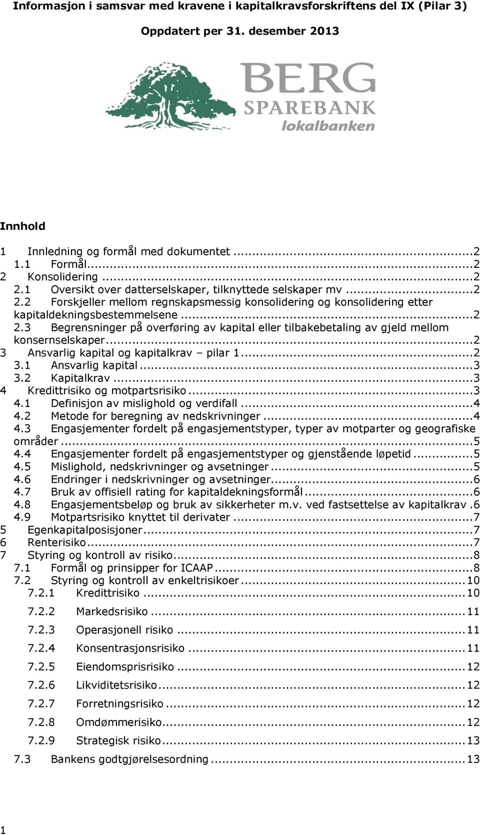 .. 2 3 Ansvarlig kapital og kapitalkrav pilar 1... 2 3.1 Ansvarlig kapital... 3 3.2 Kapitalkrav... 3 4 Kredittrisiko og motpartsrisiko... 3 4.1 Definisjon av mislighold og verdifall... 4 4.