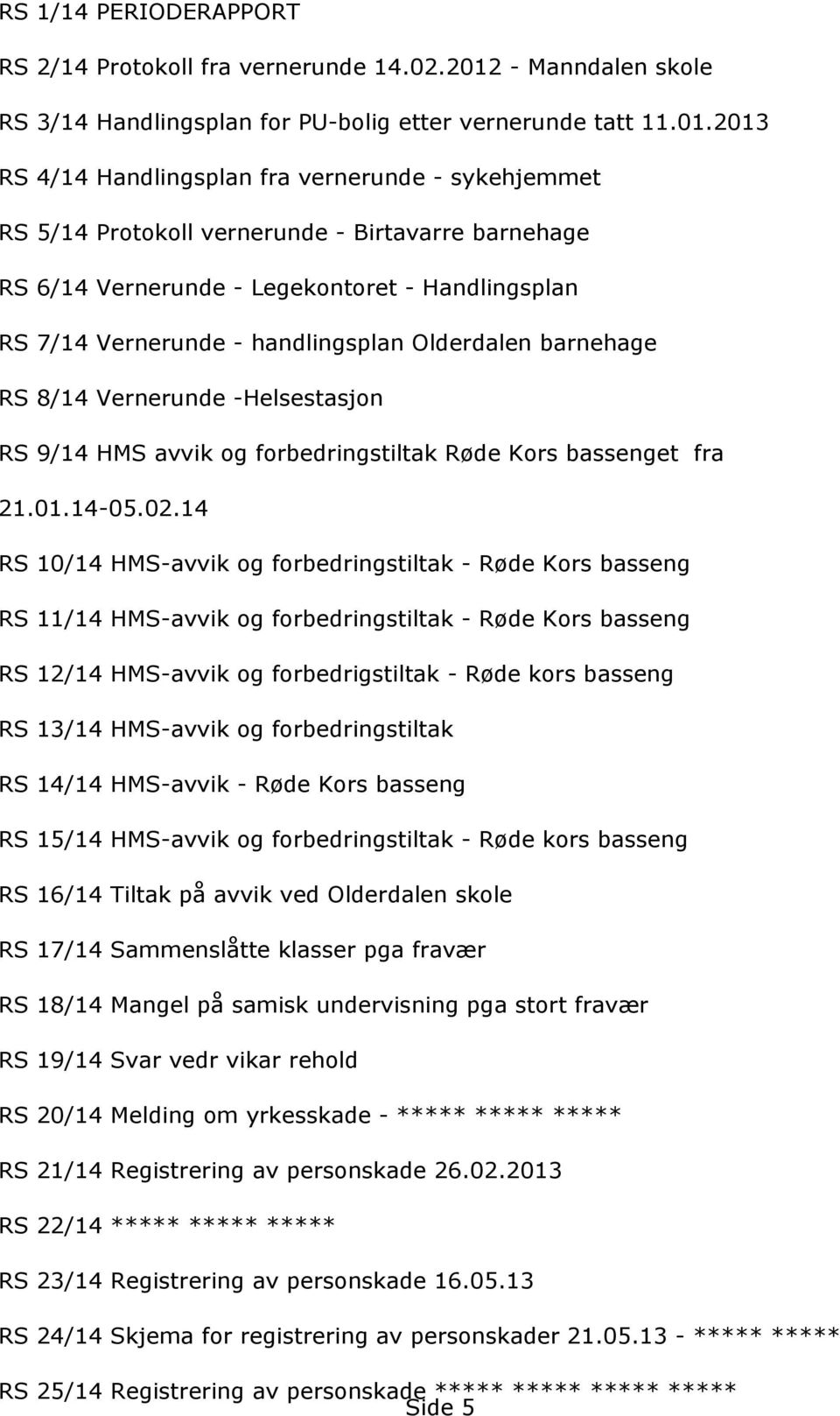 2013 RS 4/14 Handlingsplan fra vernerunde - sykehjemmet RS 5/14 Protokoll vernerunde - Birtavarre barnehage RS 6/14 Vernerunde - Legekontoret - Handlingsplan RS 7/14 Vernerunde - handlingsplan