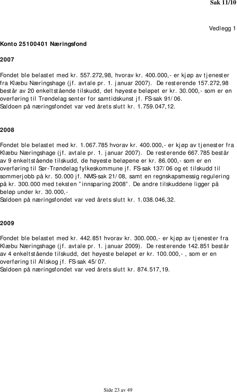 Saldoen på næringsfondet var ved årets slutt kr. 1.759.047,12. 2008 Fondet ble belastet med kr. 1.067.785 hvorav kr. 400.000,- er kjøp av tjenester fra Klæbu Næringshage (jf. avtale pr. 1. januar 2007).