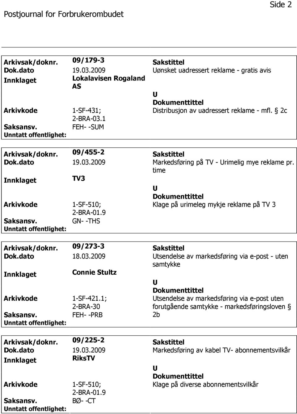 9 Klage på urimeleg mykje reklame på TV 3 GN- -THS Arkivsak/doknr. 09/273-3 Sakstittel Dok.dato 18.03.2009 tsendelse av markedsføring via e-post - uten samtykke nnklaget Connie Stultz 1-SF-421.