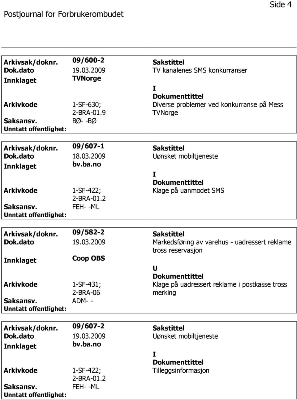 no 1-SF-422; 2-BRA-01.2 Klage på uanmodet SMS FEH- -ML Arkivsak/doknr. 09/582-2 Sakstittel Dok.dato 19.03.