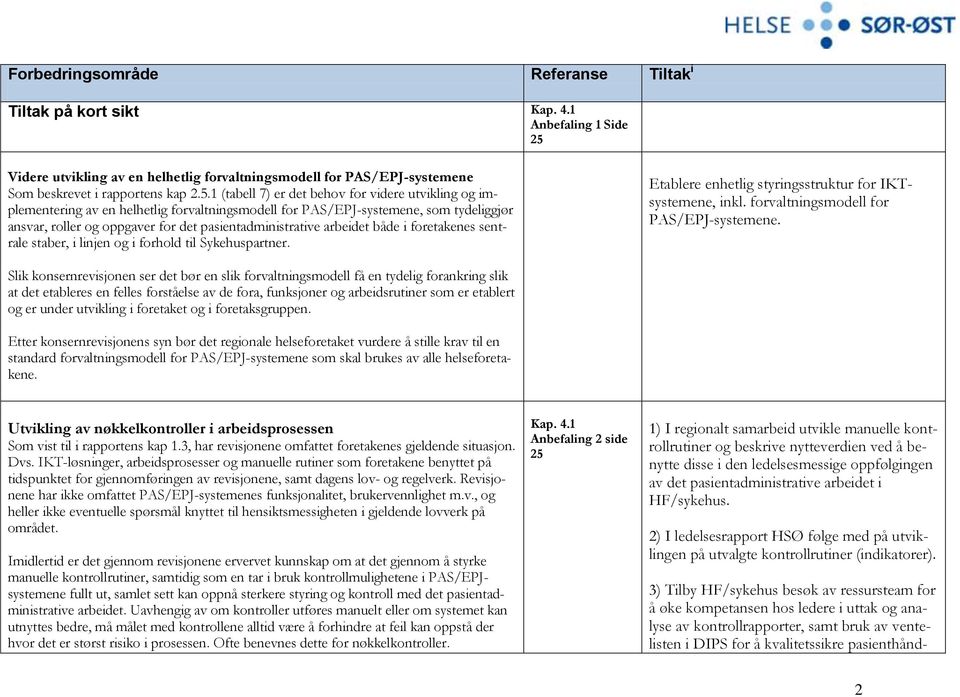 1 (tabell 7) er det behov for videre utvikling og implementering av en helhetlig forvaltningsmodell for PAS/EPJ-systemene, som tydeliggjør ansvar, roller og oppgaver for det pasientadministrative