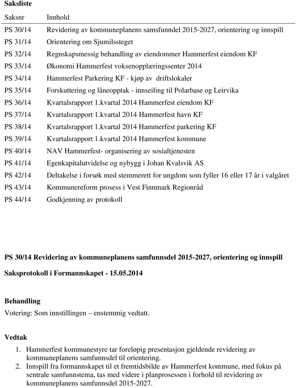og Leirvika PS 36/14 Kvartalsrapport 1.kvartal 2014 Hammerfest eiendom KF PS 37/14 Kvartalsrapport 1.kvartal 2014 Hammerfest havn KF PS 38/14 Kvartalsrapport 1.