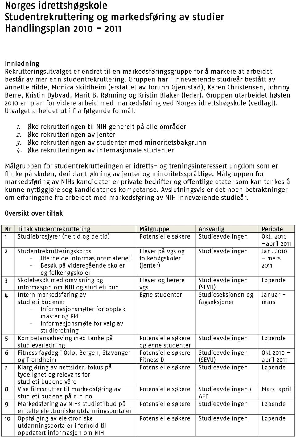 Rønning og Kristin Blaker (leder). Gruppen utarbeidet høsten 2010 en plan for videre arbeid med markedsføring ved Norges idrettshøgskole (vedlagt). Utvalget arbeidet ut i fra følgende formål: 1.