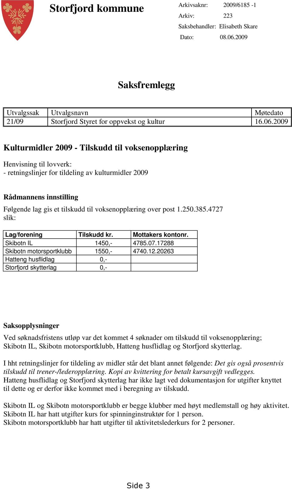 2009 Kulturmidler 2009 - Tilskudd til voksenopplæring Henvisning til lovverk: - retningslinjer for tildeling av kulturmidler 2009 Rådmannens innstilling Følgende lag gis et tilskudd til