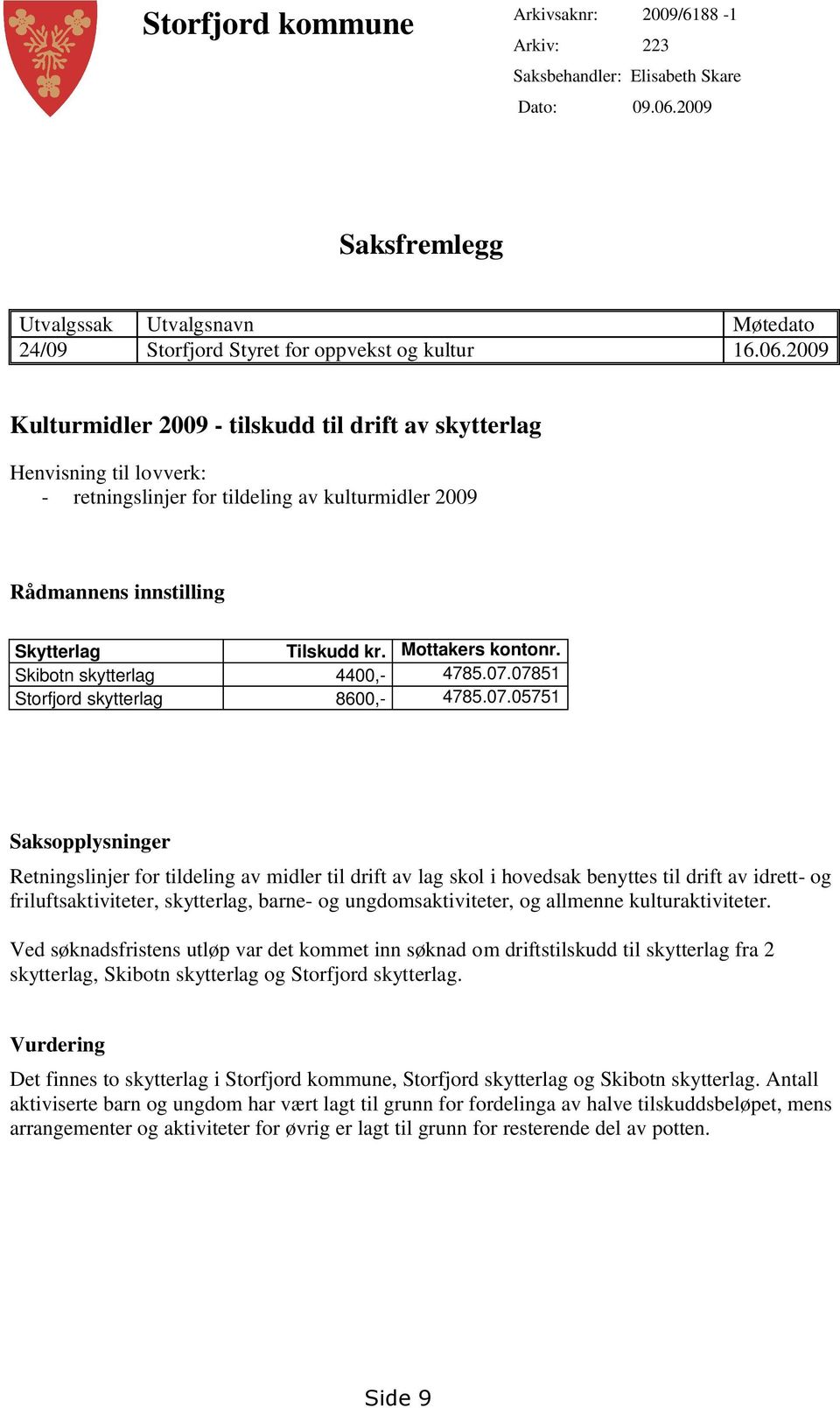 2009 Kulturmidler 2009 - tilskudd til drift av skytterlag Henvisning til lovverk: - retningslinjer for tildeling av kulturmidler 2009 Rådmannens innstilling Skytterlag Tilskudd kr. Mottakers kontonr.