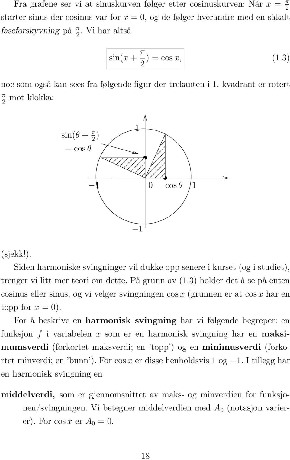 kvadrant er rotert π 2 mot klokka: sin(θ + π 2 ) = cos θ 1 1 000 11100 01 00000 1111100 000 11100 0 cos θ 1 1 (sjekk!). Siden harmoniske svingninger vil dukke opp senere i kurset (og i studiet), trenger vi litt mer teori om dette.