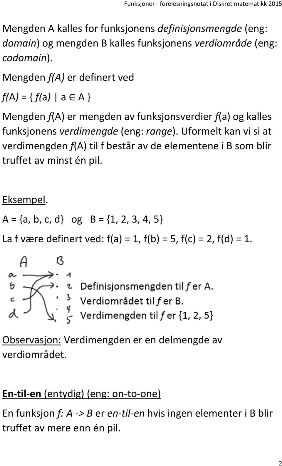 Uformelt kan vi si at verdimengden f(a) til f består av de elementene i B som blir truffet av minst én pil.