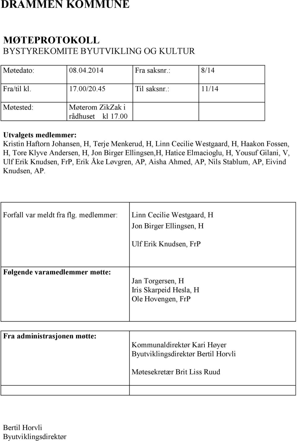 Gilani, V, Ulf Erik Knudsen, FrP, Erik Åke Løvgren, AP, Aisha Ahmed, AP, Nils Stablum, AP, Eivind Knudsen, AP. Forfall var meldt fra flg.