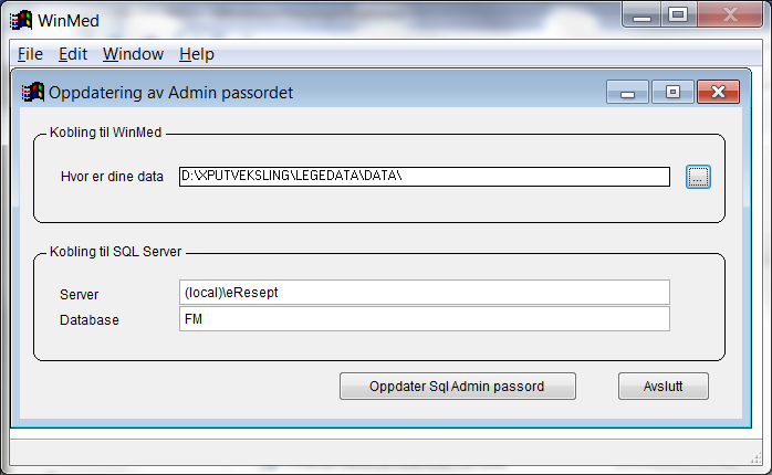 Overfør Winemed ADMIN-brukeren til forskrivningsmodulen Start programmet «eradmpwd» Velg riktig sti for hvor datakatalogen ligger og trykk på «Oppdater