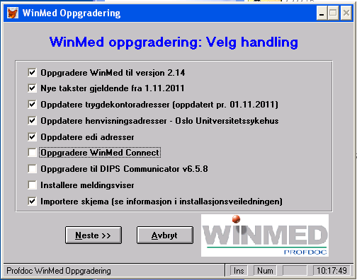 Oppgrader Winmed til siste versjon (2.15) Sørg for at alle klienter av Winmed er slått av. Filene for oppdatering ligger på Winmed 2.15 cd som er sendt til kundene.