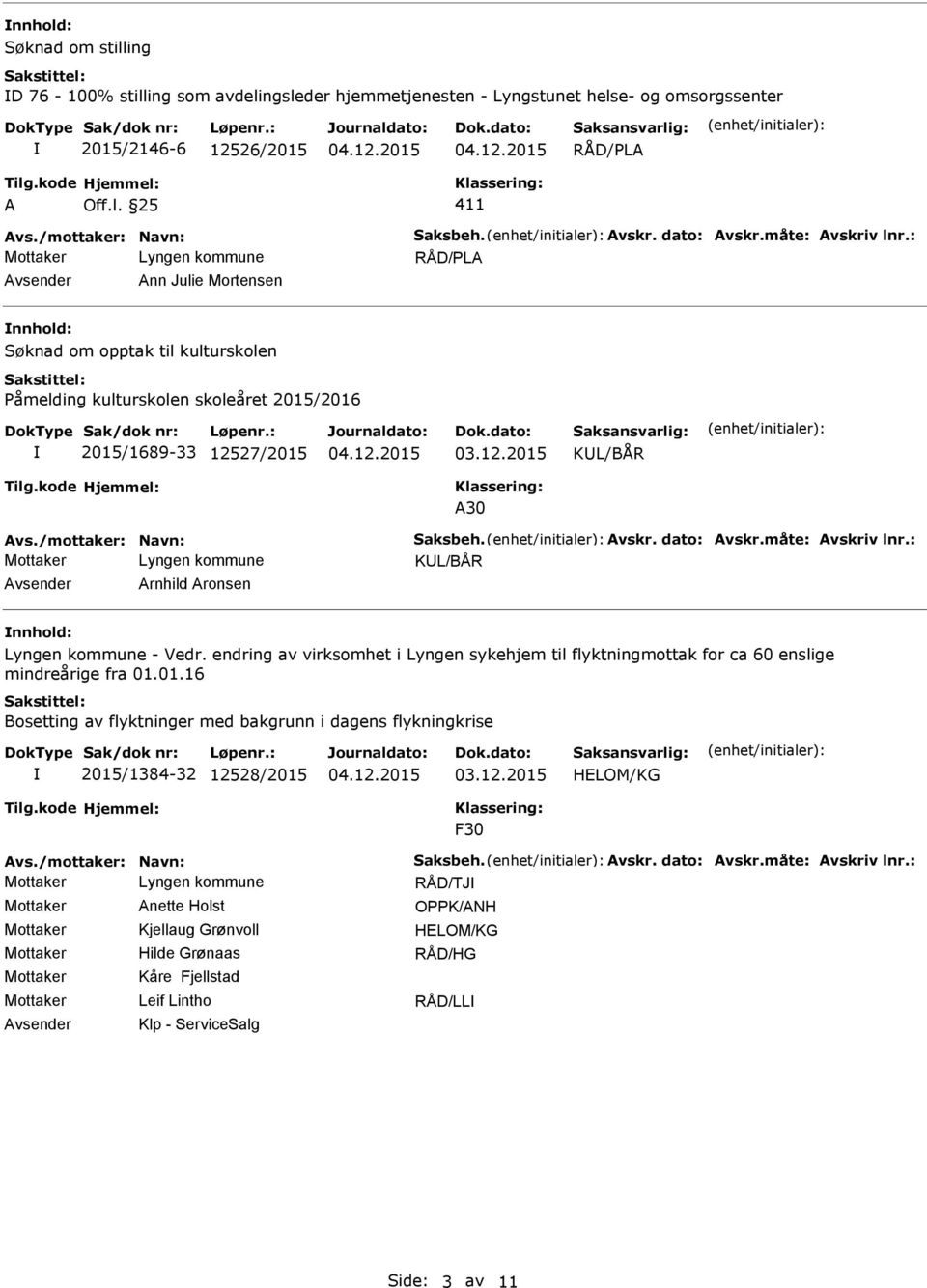 Avskr. dato: Avskr.måte: Avskriv lnr.: KL/BÅR Arnhild Aronsen nnhold: - Vedr. endring av virksomhet i Lyngen sykehjem til flyktningmottak for ca 60 enslige mindreårige fra 01.