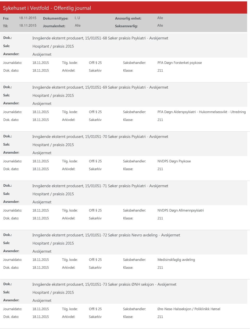 dato: Arkivdel: Sakarkiv Inngående eksternt produsert, 15/01051-70 Søker praksis Psykiatri - Hospitant / praksis 2015 Offl 25 NVDPS Døgn Psykose Dok.