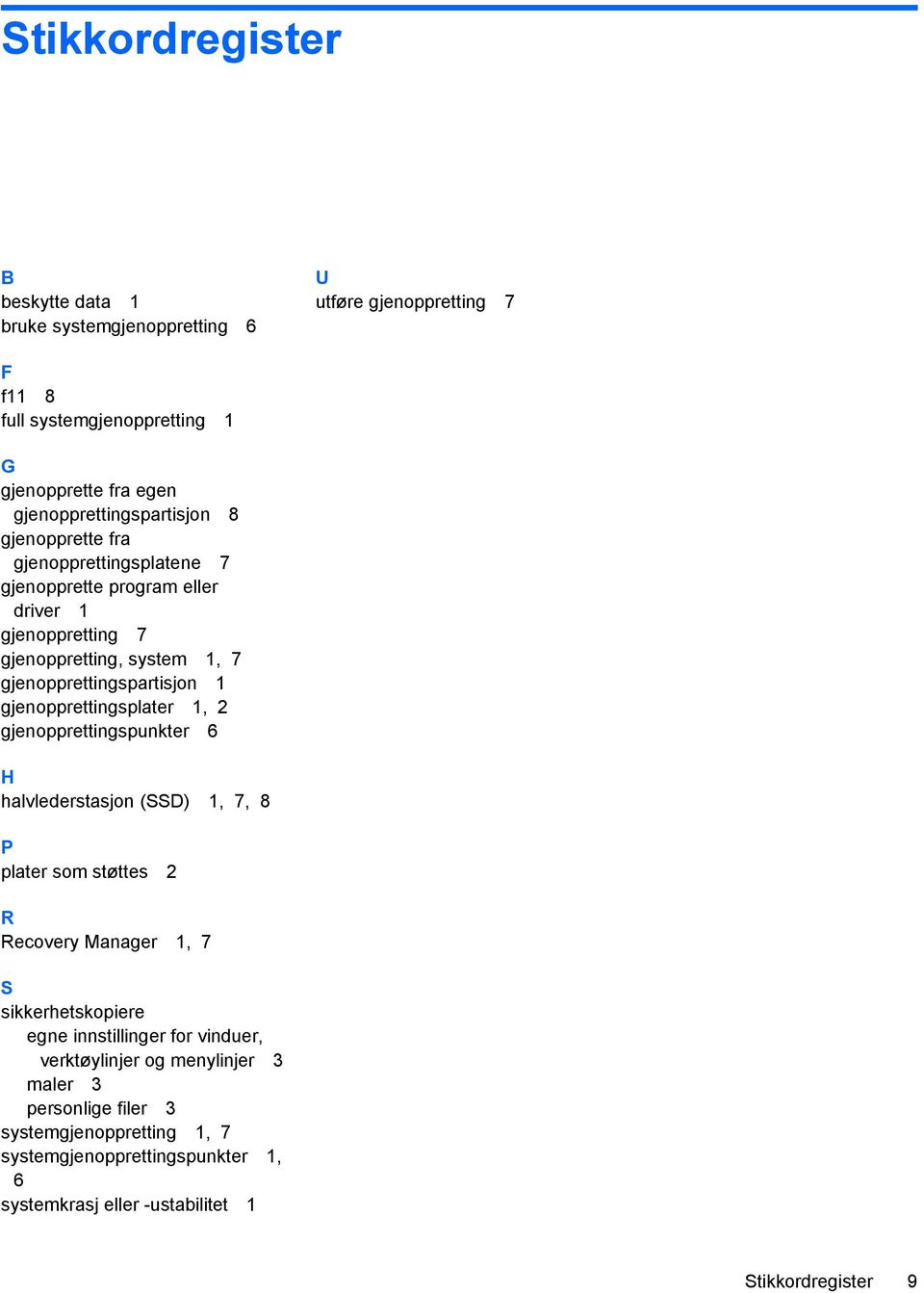 gjenopprettingspartisjon 1 gjenopprettingsplater 1, 2 gjenopprettingspunkter 6 H halvlederstasjon (SSD) 1, 7, 8 P plater som støttes 2 R Recovery Manager 1, 7 S