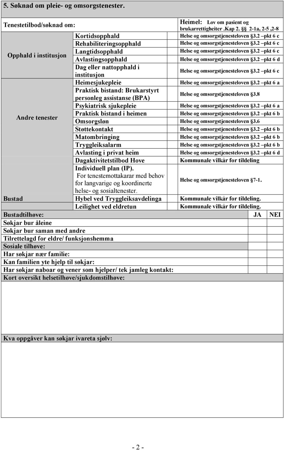 bistand: Brukarstyrt personleg assistanse (BPA) Psykiatrisk sjukepleie Praktisk bistand i heimen Heimel: Lov om pasient og brukarrettigheiter.kap 2. 2-1a, 2-5,2-8 Helse og omsorgstjenesteloven 3.