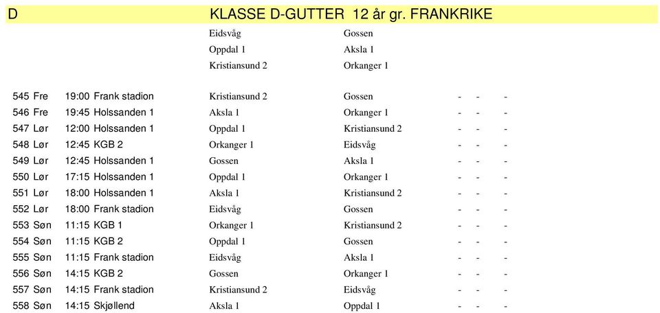 Holssanden 1 Oppdal 1 Kristiansund 2 - - - 548 Lør 12:45 KGB 2 Orkanger 1 Eidsvåg - - - 549 Lør 12:45 Holssanden 1 Gossen Aksla 1 - - - 550 Lør 17:15 Holssanden 1 Oppdal 1 Orkanger 1 - - - 551 Lør