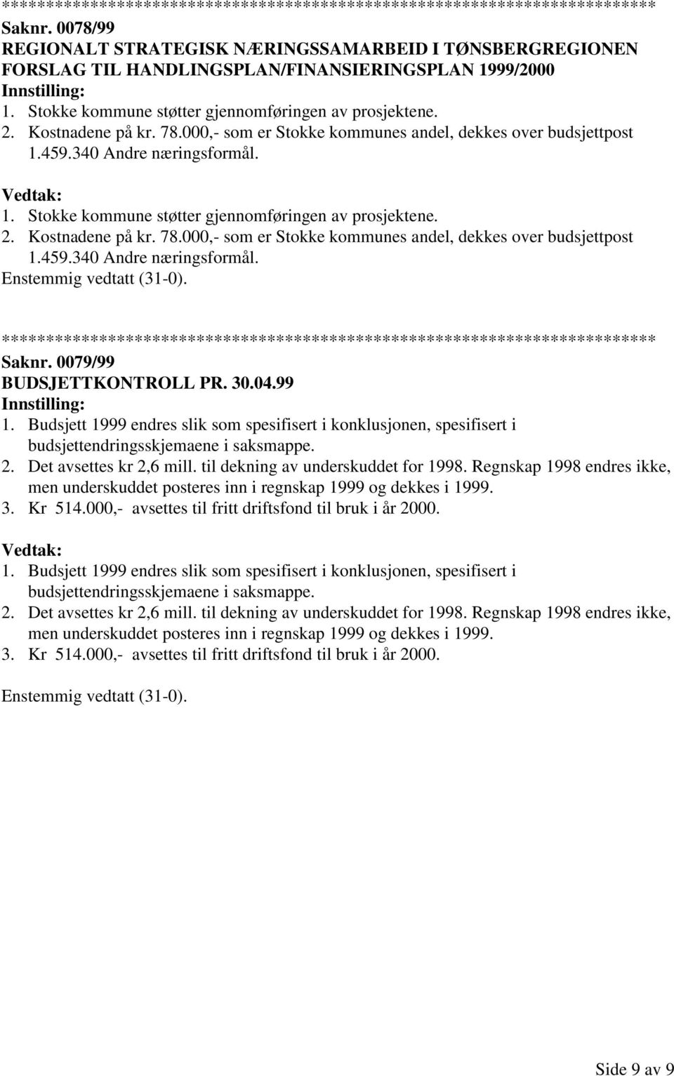 0079/99 BUDSJETTKONTROLL PR. 30.04.99 1. Budsjett 1999 endres slik som spesifisert i konklusjonen, spesifisert i budsjettendringsskjemaene i saksmappe. 2. Det avsettes kr 2,6 mill.