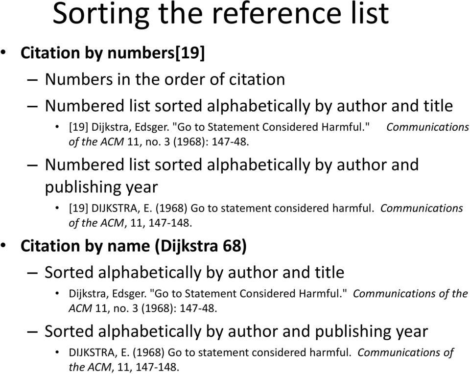 (1968) Go to statement considered harmful. Communications of the ACM, 11, 147-148. Citation by name (Dijkstra 68) Sorted alphabetically by author and title Dijkstra, Edsger.