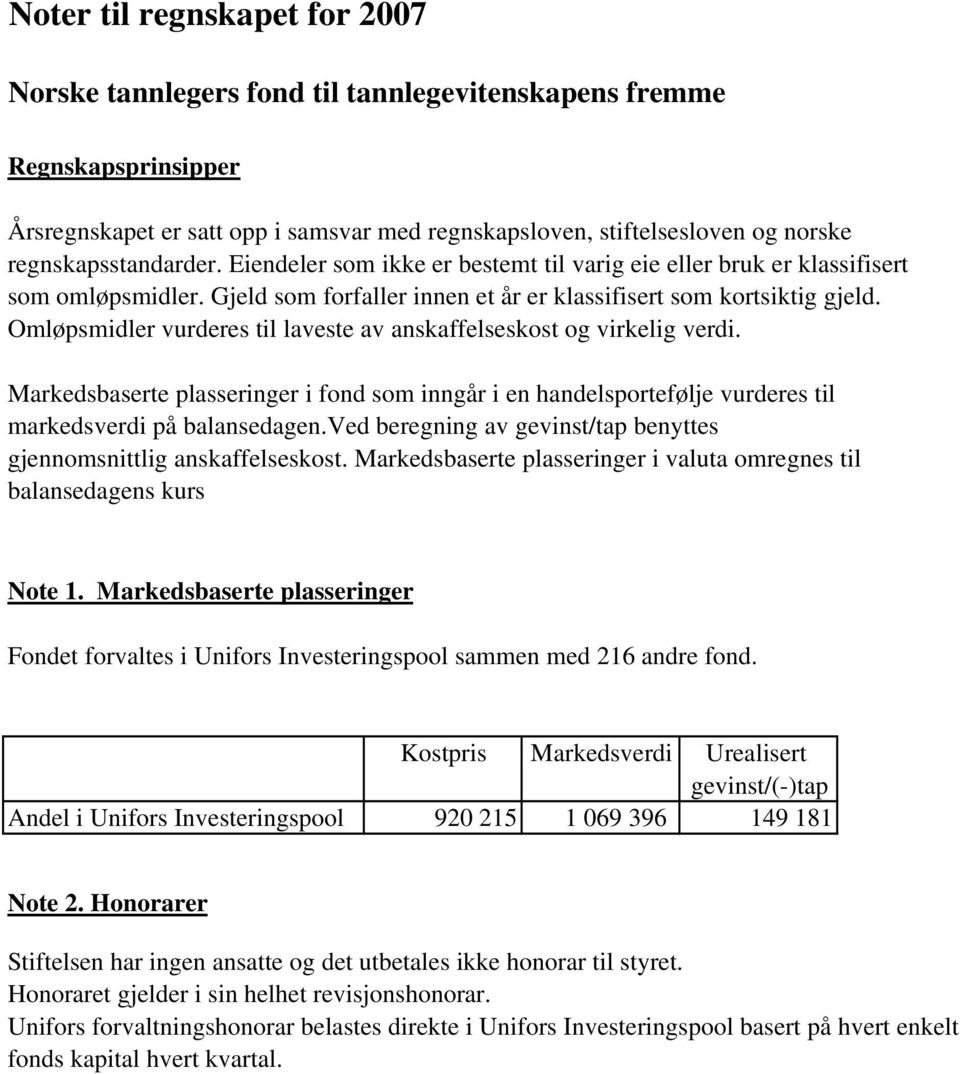 Omløpsmidler vurderes til laveste av anskaffelseskost og virkelig verdi. Markedsbaserte plasseringer i fond som inngår i en handelsportefølje vurderes til markedsverdi på balansedagen.