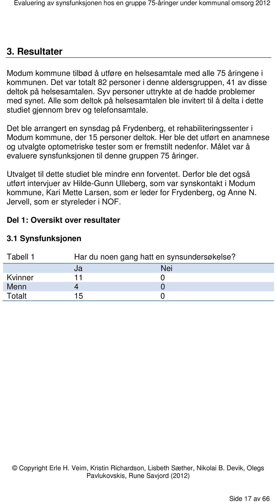 Det ble arrangert en synsdag på Frydenberg, et rehabiliteringssenter i Modum kommune, der 15 personer deltok. Her ble det utført en anamnese og utvalgte optometriske tester som er fremstilt nedenfor.