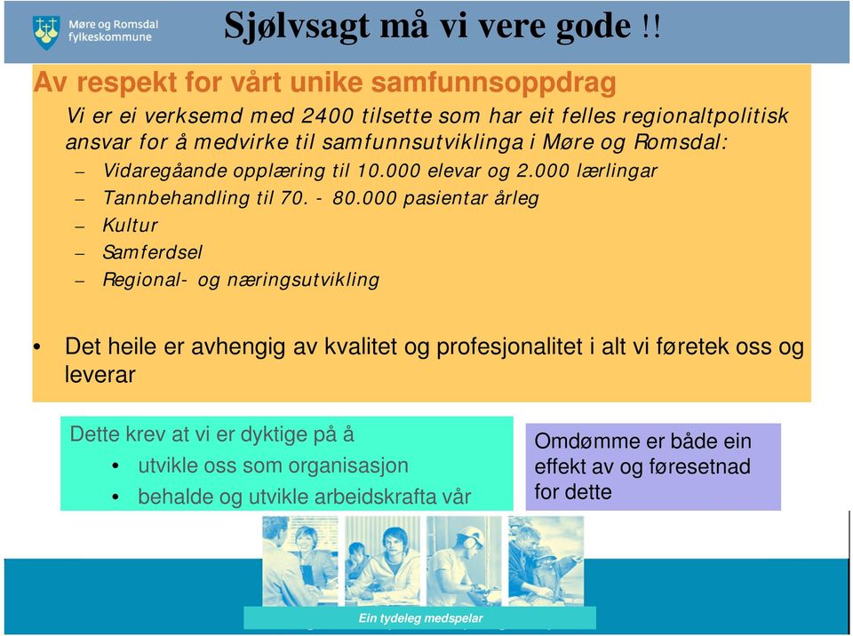 og Romsdal: Vidaregåande opplæring til 10.000 elevar og 2.000 lærlingar Tannbehandling til 70. - 80.
