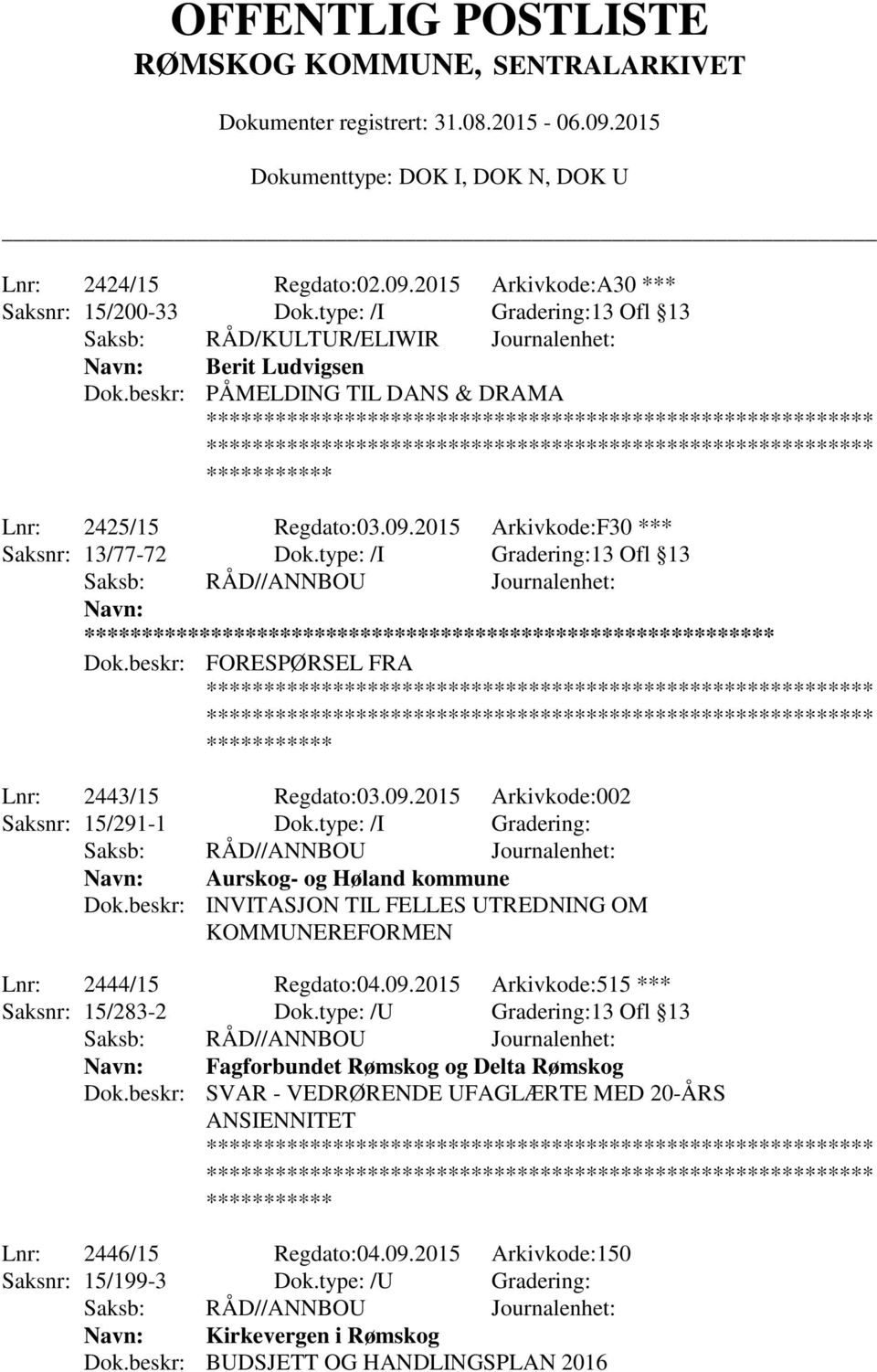 type: /I Gradering: Aurskog- og Høland kommune Dok.beskr: INVITASJON TIL FELLES UTREDNING OM KOMMUNEREFORMEN Lnr: 2444/15 Regdato:04.09.2015 Arkivkode:515 *** Saksnr: 15/283-2 Dok.