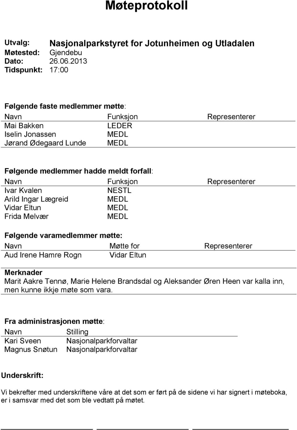 Følgende medlemmer hadde meldt forfall: Navn Funksjon Representerer Ivar Kvalen NEL Arild Ingar Lægreid MEDL Vidar Eltun MEDL Frida Melvær MEDL Følgende varamedlemmer møtte: Navn Møtte for